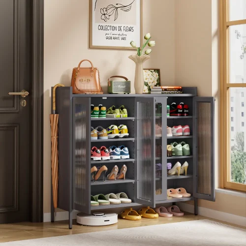 4-door grey shoe cabinet in Sri Lanka , 4-door shoe cabinet in Sri Lanka, grey shoe storage cupboard, 6 tier metal shoe rack, large glass door shoe cabinet Sri Lanka