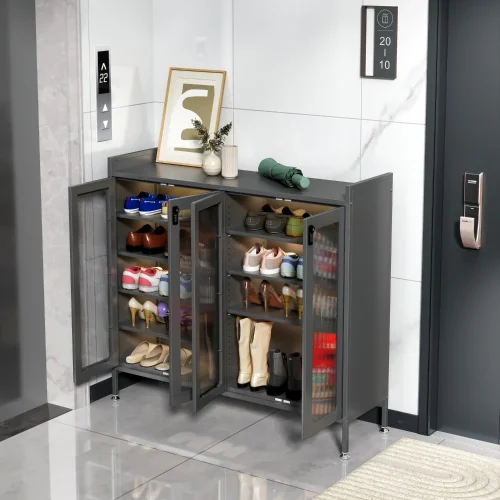 4-door grey shoe cabinet in Sri Lanka , 4-door shoe cabinet in Sri Lanka, grey shoe storage cupboard, 6 tier metal shoe rack, large glass door shoe cabinet Sri Lanka
