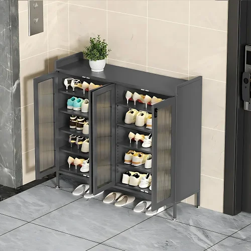 4-door grey shoe cabinet in Sri Lanka , 4-door shoe cabinet in Sri Lanka, grey shoe storage cupboard, 6 tier metal shoe rack, large glass door shoe cabinet Sri Lanka