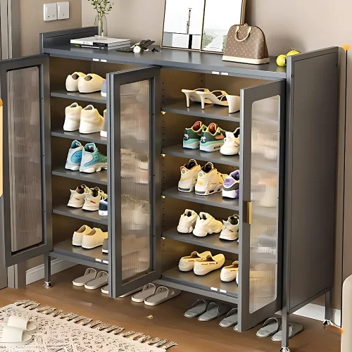 4-door grey shoe cabinet in Sri Lanka , 4-door shoe cabinet in Sri Lanka, grey shoe storage cupboard, 6 tier metal shoe rack, large glass door shoe cabinet Sri Lanka
