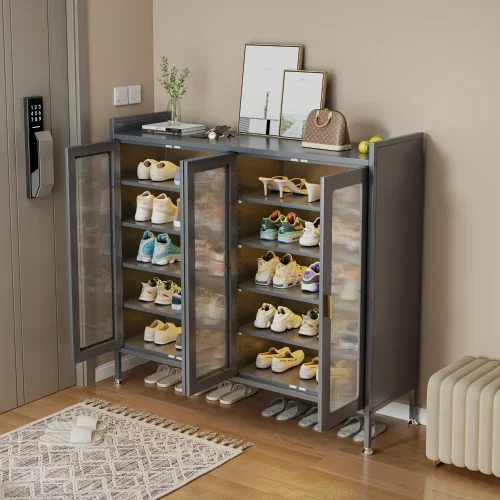 4-door grey shoe cabinet in Sri Lanka , 4-door shoe cabinet in Sri Lanka, grey shoe storage cupboard, 6 tier metal shoe rack, large glass door shoe cabinet Sri Lanka