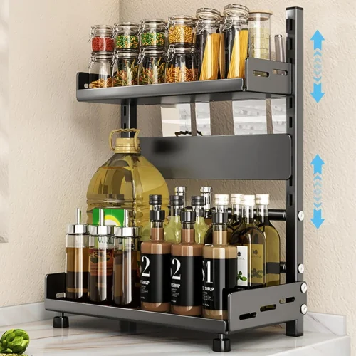spice rack sri lanka, kitchen organizer rack, adjustable spice shelf, countertop spice rack, 2 tier kitchen rack, metal spice holder sri lanka, spice rack for jars