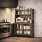 MULTIFUNCTIONAL KITCHEN STORAGE CABINET WITH WHEELS AND MICROWAVE SHELF - 80CM x 42CM x 155CM - Image 7