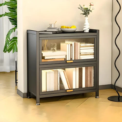 black storage cabinet in Sri Lanka, black metal bookshelf, 2 layer cabinet with acrylic doors, modern cabinet in Colombo, display rack for office, book storage shelf in Sri Lanka, racks.lk black cabinet