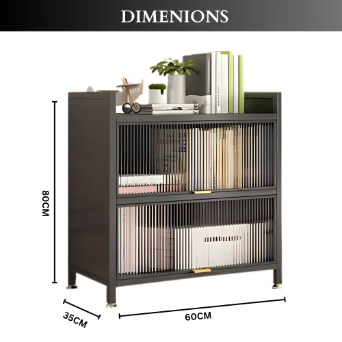 black storage cabinet in Sri Lanka, black metal bookshelf, 2 layer cabinet with acrylic doors, modern cabinet in Colombo, display rack for office, book storage shelf in Sri Lanka, racks.lk black cabinet