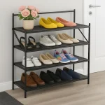 4-TIER FOLDABLE METAL MESH SHOE RACK – 67.5CM X 24.5CM X 71CM – BLACK FINISH – HEAVY DUTY CARBON STEEL SHOE STORAGE STAND FOR HOME & ENTRYWAY - Image 3
