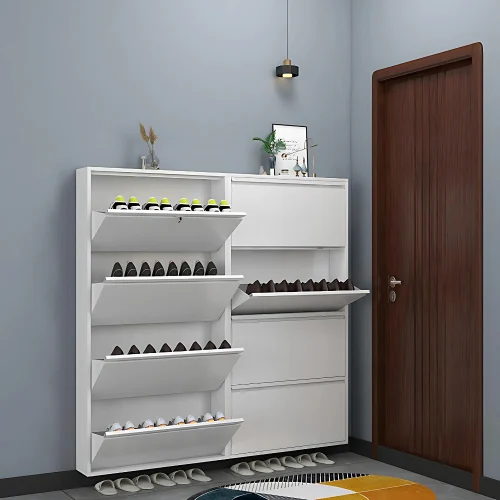 4-TIER FLIP DRAWER SHOE CABINET, METAL NORDIC SHOE RACK ORGANIZER, WALL-MOUNTED OR FREESTANDING SLIM STORAGE FOR ENTRYWAY, HALLWAY & BEDROOM