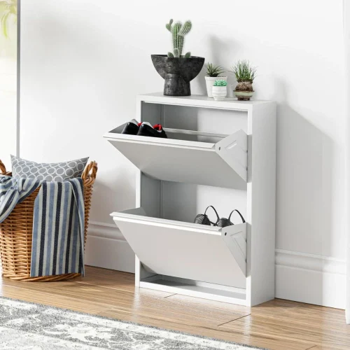 MODERN 2-LAYER STEEL SHOE STORAGE CABINET, SLIM SHOE ORGANIZER, WALL-MOUNTED OR FREESTANDING FOR ENTRYWAY & HALLWAY