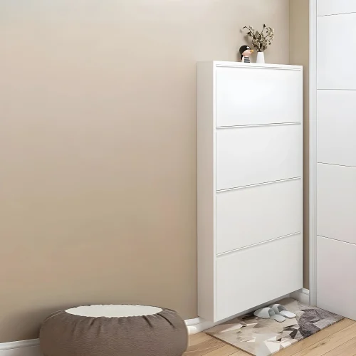 4-TIER FLIP DRAWER SHOE CABINET, METAL NORDIC SHOE RACK ORGANIZER, WALL-MOUNTED OR FREESTANDING SLIM STORAGE FOR ENTRYWAY, HALLWAY & BEDROOM - Image 3