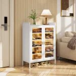 Upgrade your entryway or living space with the 2-Door Grey Shoe Cabinet – 6-Tier Heavy Duty Metal Storage. The Shoe Rack is crafted from premium carbon steel with a sleek white powder-coated finish. This cabinet combines durability with style. Its sturdy metal frame and heavy-duty legs ensure maximum stability, while the 6 spacious tiers provide ample storage for organizing shoes neatly.