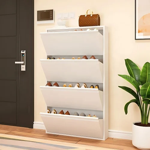 4-TIER FLIP DRAWER SHOE CABINET, METAL NORDIC SHOE RACK ORGANIZER, WALL-MOUNTED OR FREESTANDING SLIM STORAGE FOR ENTRYWAY, HALLWAY & BEDROOM - Image 4