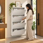 4-TIER FLIP DRAWER SHOE CABINET, METAL NORDIC SHOE RACK ORGANIZER, WALL-MOUNTED OR FREESTANDING SLIM STORAGE FOR ENTRYWAY, HALLWAY & BEDROOM - Image 4