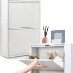 MODERN 2-LAYER STEEL SHOE STORAGE CABINET, SLIM SHOE ORGANIZER, WALL-MOUNTED OR FREESTANDING FOR ENTRYWAY & HALLWAY - Image 6