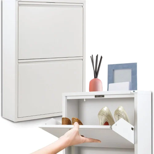 MODERN 2-LAYER STEEL SHOE STORAGE CABINET, SLIM SHOE ORGANIZER, WALL-MOUNTED OR FREESTANDING FOR ENTRYWAY & HALLWAY - Image 6