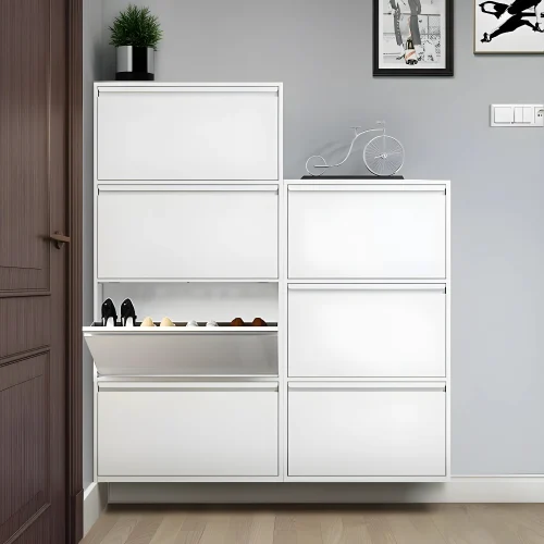 4-TIER FLIP DRAWER SHOE CABINET, METAL NORDIC SHOE RACK ORGANIZER, WALL-MOUNTED OR FREESTANDING SLIM STORAGE FOR ENTRYWAY, HALLWAY & BEDROOM - Image 6