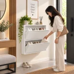 MODERN 2-LAYER STEEL SHOE STORAGE CABINET, SLIM SHOE ORGANIZER, WALL-MOUNTED OR FREESTANDING FOR ENTRYWAY & HALLWAY - Image 4