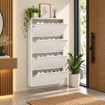 4-TIER FLIP DRAWER SHOE CABINET, METAL NORDIC SHOE RACK ORGANIZER, WALL-MOUNTED OR FREESTANDING SLIM STORAGE FOR ENTRYWAY, HALLWAY & BEDROOM