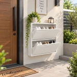 MODERN 2-LAYER STEEL SHOE STORAGE CABINET, SLIM SHOE ORGANIZER, WALL-MOUNTED OR FREESTANDING FOR ENTRYWAY & HALLWAY