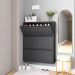 STEEL SHOE CABINET, 3 FLIP DOOR SHOE ORGANIZER FOR ENTRYWAY & BEDROOM