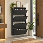 4-LAYER FLIP DRAWER SHOE CABINET, METAL NORDIC SHOE RACK ORGANIZER, WALL-MOUNTED OR FREESTANDING SLIM STORAGE FOR ENTRYWAY, HALLWAY & BEDROOM - Image 5