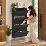 4-LAYER FLIP DRAWER SHOE CABINET, METAL NORDIC SHOE RACK ORGANIZER, WALL-MOUNTED OR FREESTANDING SLIM STORAGE FOR ENTRYWAY, HALLWAY & BEDROOM - Image 3