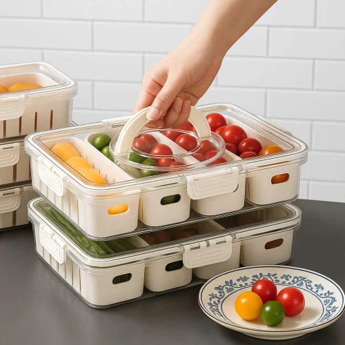 FRIDGE ORGANISER SQUARE SHAPE, 4 COMPARTMENT SNACK ORGANISING BOX, SERVING TRAY