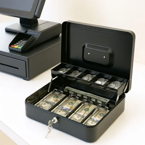 HEAVY DUTY CASH BOX WITH LOCK, PORTABLE MONEY BOX FOR NOTES AND COINS
