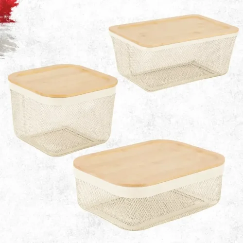 MESH WIRE METAL BASKET WITH WOODEN LID - WHITE ( 3 SIZES AVAILABLE )