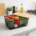 METAL STORAGE BASKET WITH WOODEN LID - BLACK ( 3 SIZES AVAILABLE ) - Image 6