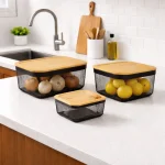 METAL STORAGE BASKET WITH WOODEN LID - BLACK ( 3 SIZES AVAILABLE ) - Image 13