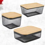 METAL STORAGE BASKET WITH WOODEN LID - BLACK ( 3 SIZES AVAILABLE )
