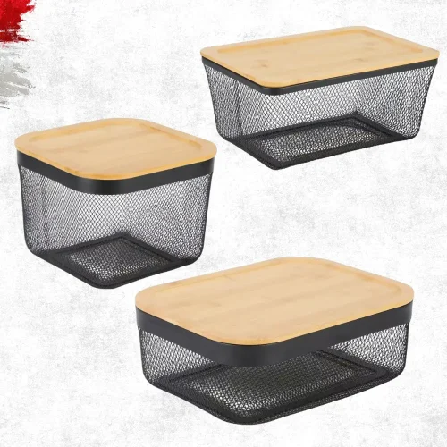 METAL STORAGE BASKET WITH WOODEN LID - BLACK ( 3 SIZES AVAILABLE )
