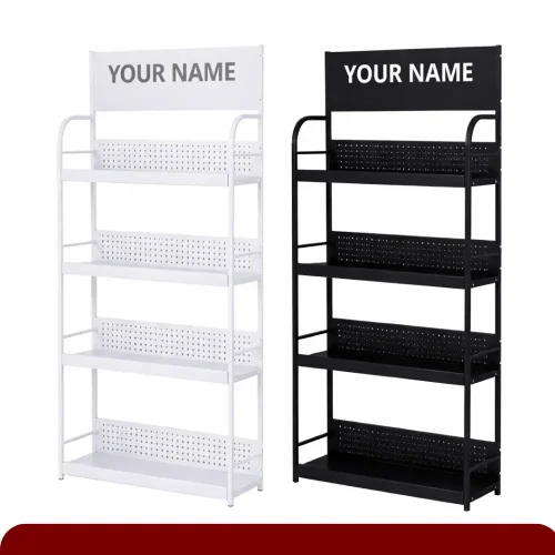 SUPERMARKET 4-TIER STEEL DISPLAY RACK WITH SIGNBOARD | HOME PANTRY STORAGE SHELF BLACK / WHITE