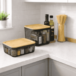 METAL STORAGE BASKET WITH WOODEN LID - BLACK ( 3 SIZES AVAILABLE ) - Image 8