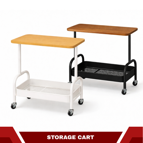 2 TIER STORAGE RACK WITH WHEELS, BEDSIDE STORAGE ORGANIZER & OFFICE TROLLEY WITH WOODEN SHELF