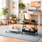 2 TIER STORAGE RACK WITH WHEELS, BEDSIDE STORAGE ORGANIZER & OFFICE TROLLEY WITH WOODEN SHELF - Image 7