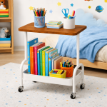 2 TIER STORAGE RACK WITH WHEELS, BEDSIDE STORAGE ORGANIZER & OFFICE TROLLEY WITH WOODEN SHELF - Image 4