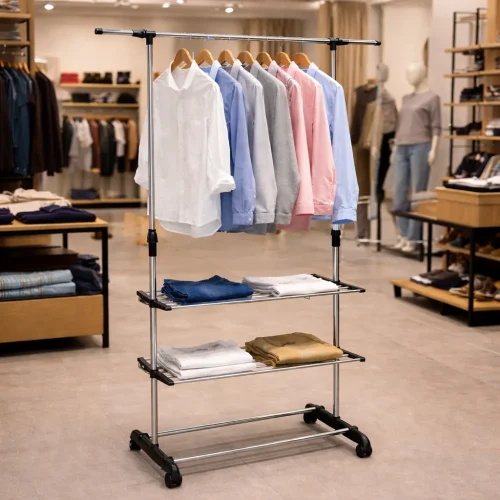 SINGLE POLE CLOTHES RACK ORGANIZER, DOUBLE SHELF STORAGE & CHROM FINISH GARMENT RACK