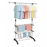 SINGLE POLE CLOTHES RACK ORGANIZER, DOUBLE SHELF STORAGE & CHROME FINISH GARMENT RACK - Image 3
