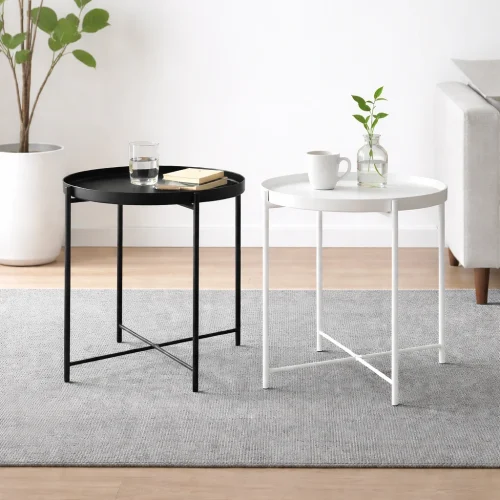 ACCENT TABLE WITH METAL TRAY TOP - MODERN BLACK & WHITE LIVING ROOM SIDE TABLE