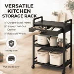 3 TIER KITCHEN STORAGE RACK WITH DRAWER - HEAVY DUTY CARBON STEEL WITH WHEELS - Image 4