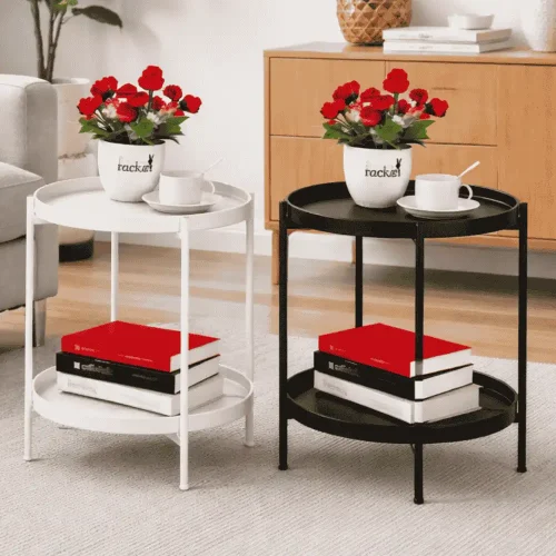 2-TIER ROUND METAL SIDE TABLE - BLACK / WHITE
