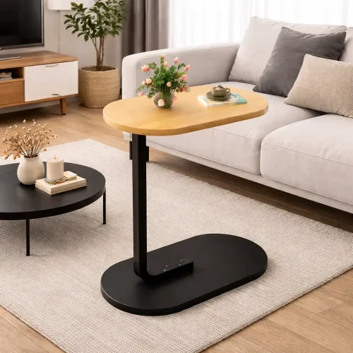 BED SIDE TABLE - SPACE SAVING SOFA TABLE WITH WOODEN TOP AND METAL FRAME