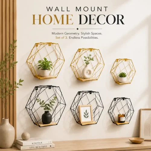 Wall Mount Home / Wall Decor – Modern Geometry Set of 3 (Black & Gold )