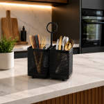 Portable Carbon Steel Kitchen Cutlery Holder – Dual Compartment Utensil Organizer