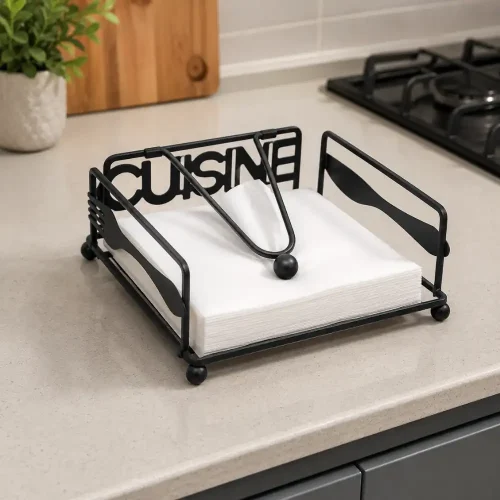 Premium Black Powder Coated Steel Tissue Holder – Tabletop Napkin Holder