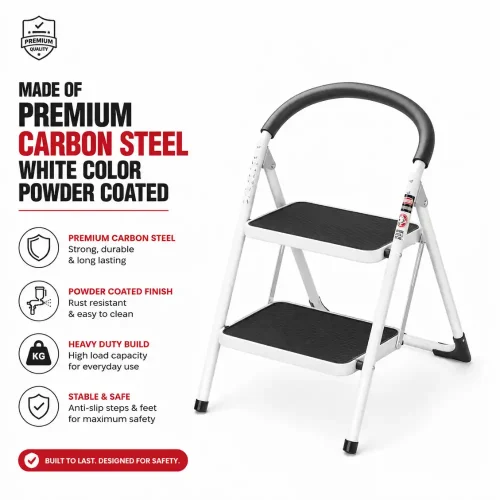 Premium 2 Step Steel Folding Ladder – Wide Step Household Ladder | White Powder Coated