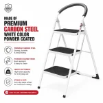 Premium 3 Step Ladder, Steel Folding Ladder – Wide Step Household Ladder | White Powder Coated