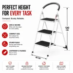Premium 3 Step Ladder, Steel Folding Ladder – Wide Step Household Ladder | White Powder Coated - Image 2