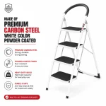 Premium 4 Step Ladder, Steel Folding Ladder – Wide Step Household Ladder | White Powder Coated
